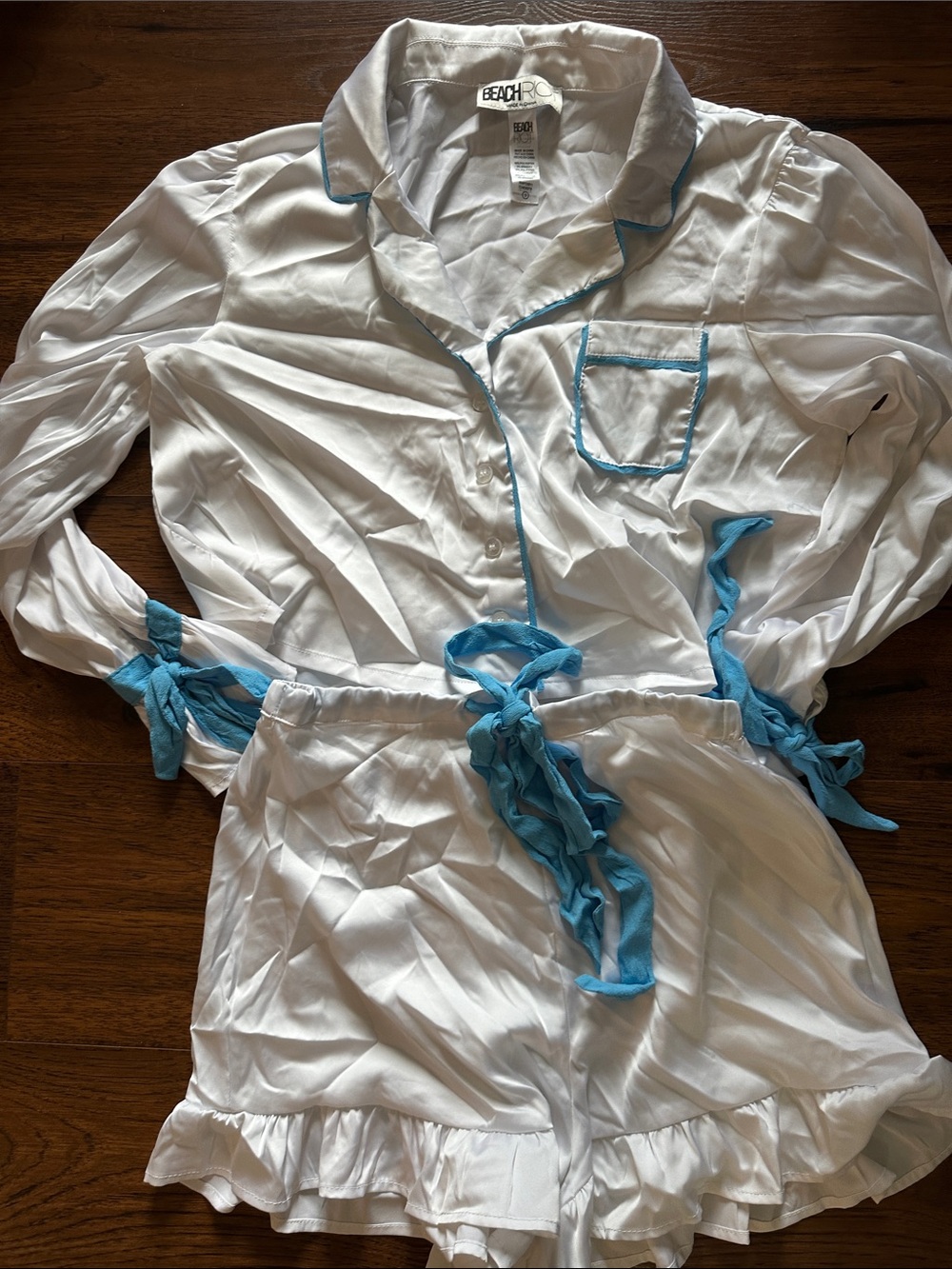 Beach Riot White Ruffle-Hem Shirt and shorts with Blue Drawstring- bridal PJs